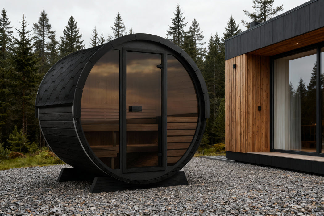 SaunaLife EE6G Ergo Elegance Outdoor Barrel Sauna Kit with Glass Front