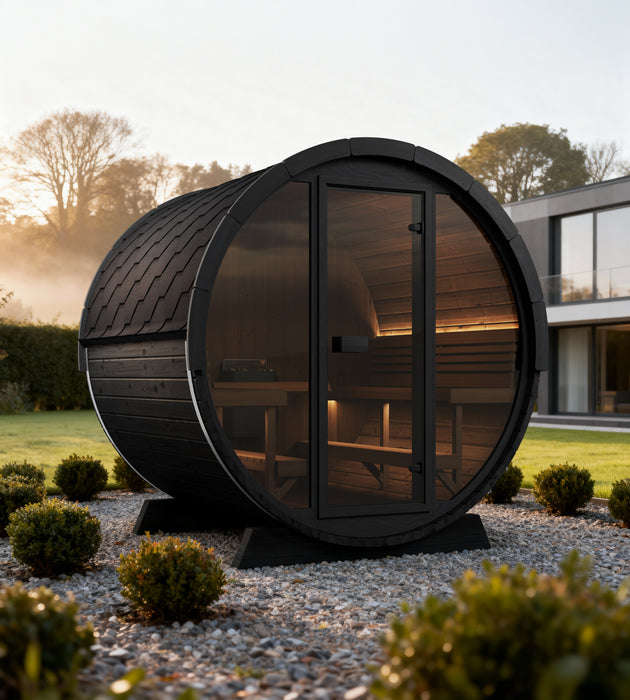 SaunaLife EE8G Ergo Elegance Outdoor Barrel Sauna Kit with Glass Front