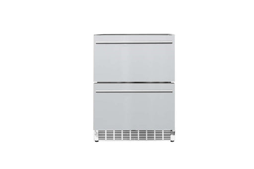 Summerset Grills 24 Outdoor Rated 2-Drawer Refrigerator front view showing stainless steel design.