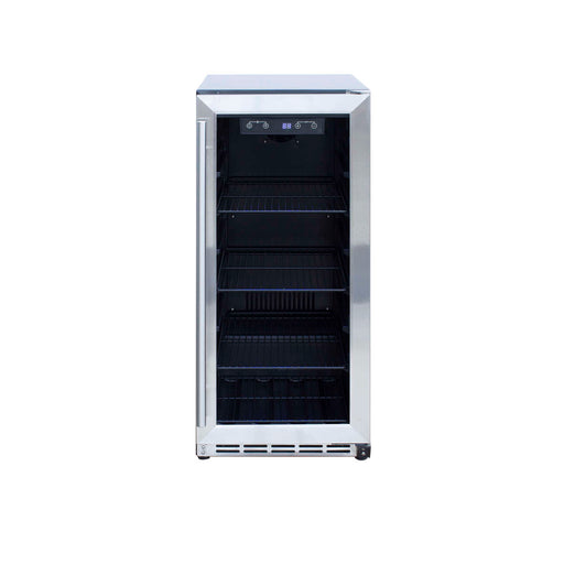 Summerset Grills 15 Outdoor Rated Refrigerator with Glass Door open, showcasing interior shelves and electronic controls.