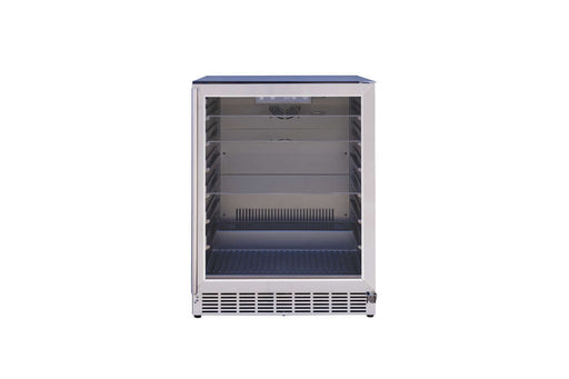 Summerset Grills 24 Outdoor Rated Refrigerator with Glass Door open, showcasing interior shelving and lighting.