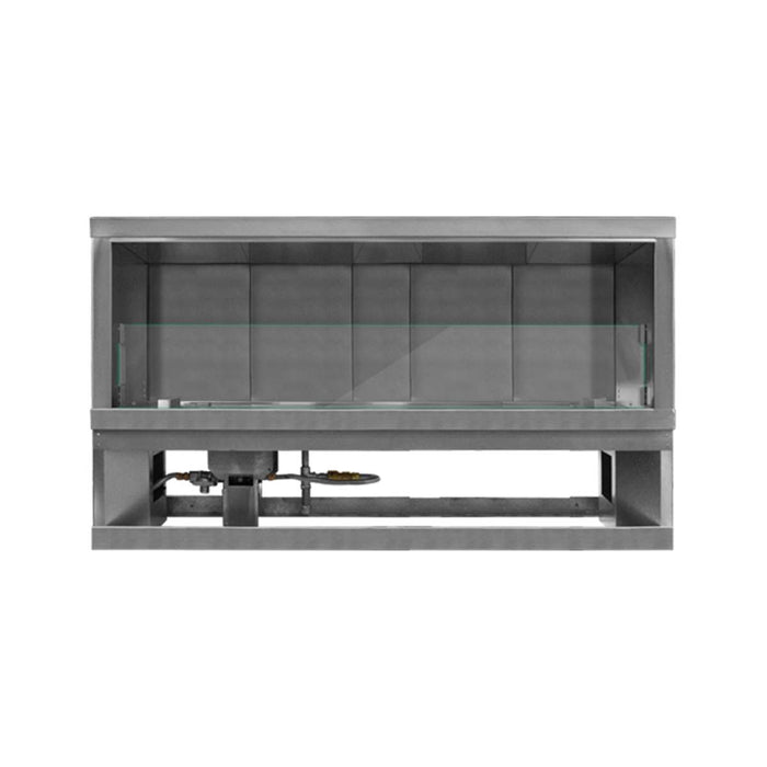A modern rectangular fireplace or wall-mounted display unit with a gray metal frame, glass front panels, and a lower shelf, shown against a plain white background.
