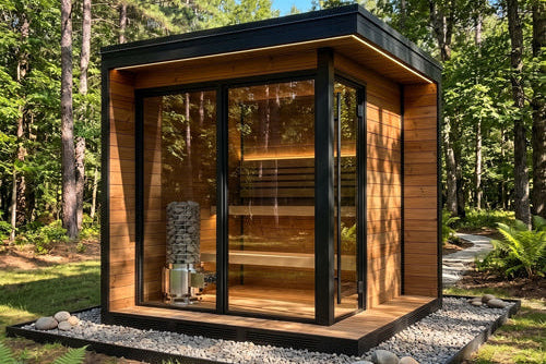 A modern wooden sauna cabin with large glass doors and windows, set in a forest with a gravel base and visible sauna benches inside.