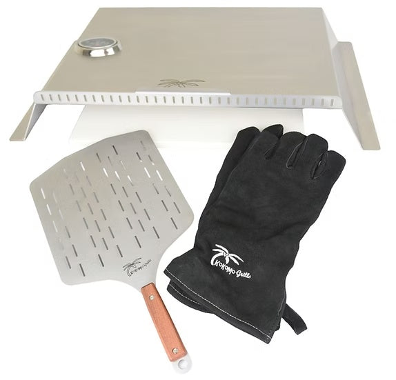 Kokomo pizza oven insert with pizza peel and heat-resistant gloves
