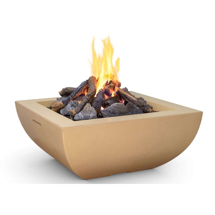Beige fire pit with flames and glowing coals on a white background