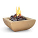Beige fire pit with flames and glowing coals on a white background