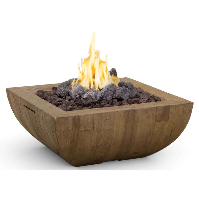 Wooden fire pit with flames on a white background