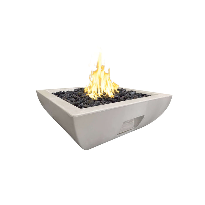 Concrete fire pit with flames on a white background
