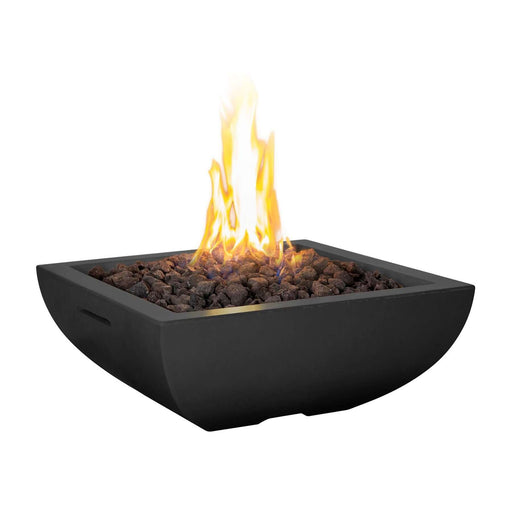 Black fire pit with flames on a white background