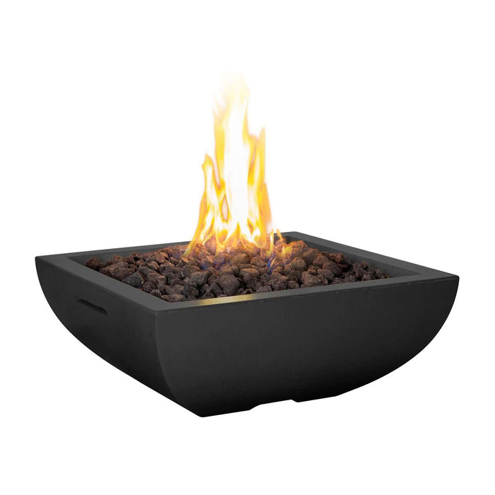 Black fire pit with flames on a white background
