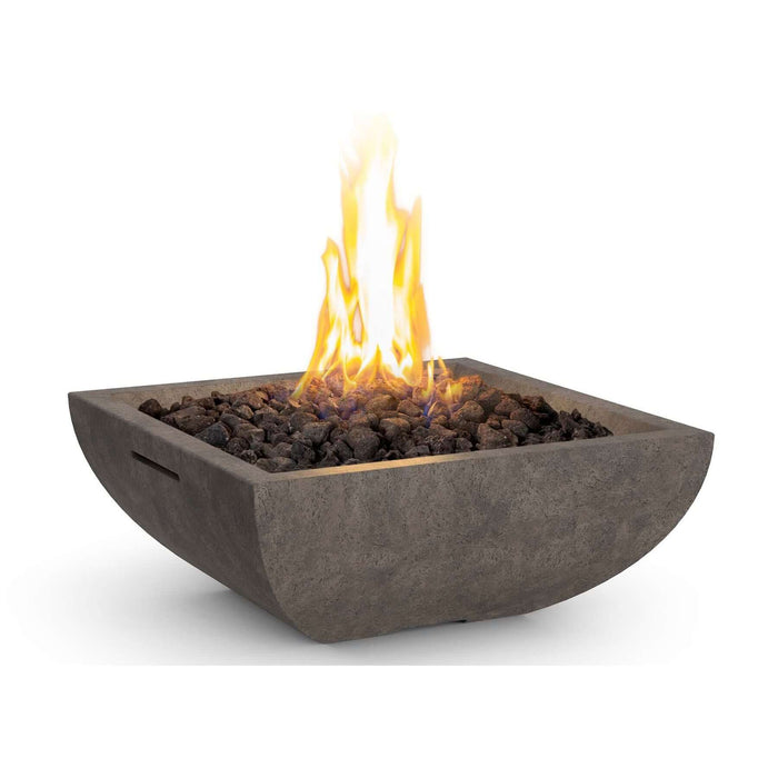 Square concrete fire pit with flames on a white background
