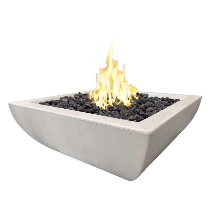 Concrete fire pit with flames on a white background