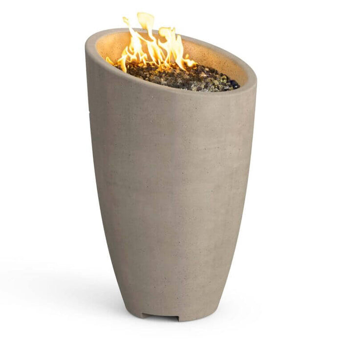 A gray, contemporary style fire urn with a textured surface and a blue flame inside, designed for outdoor use.