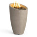 A gray, contemporary style fire urn with a textured surface and a blue flame inside, designed for outdoor use.