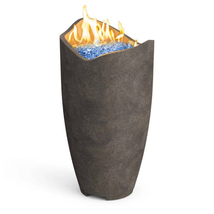 A gray, contemporary style fire urn with a textured surface and a blue flame inside, designed for outdoor use.