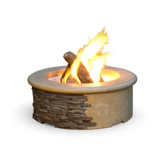 Round fire pit with flames and wooden logs on a white background