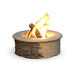 Round fire pit with flames and wooden logs on a white background
