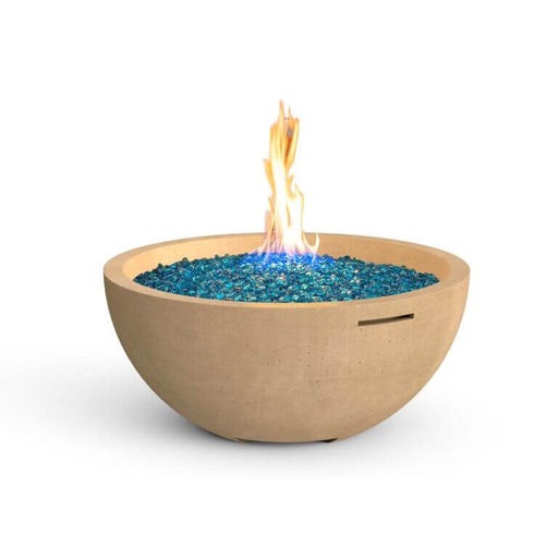 Bowl-shaped fire pit with flames and blue glass stones on a white background