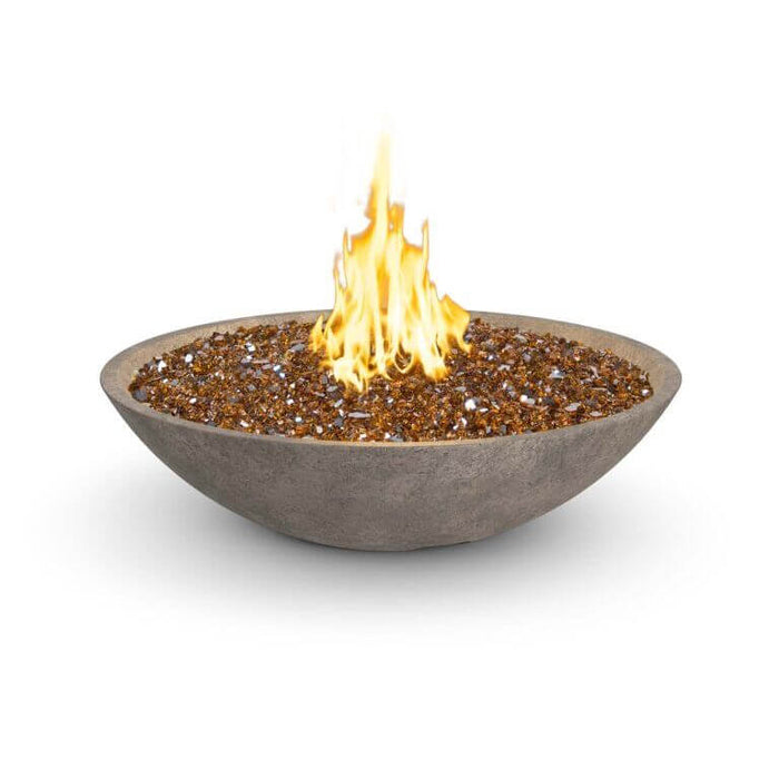 Bowl-shaped fire pit with flames on a white background