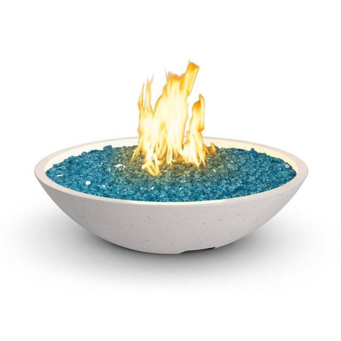 Bowl-shaped fire pit with blue glass beads and flames on a white background