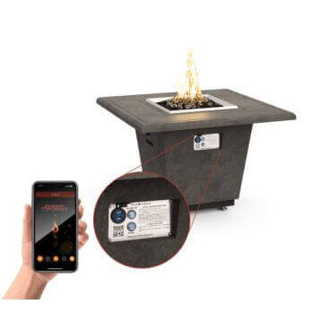 Fire pit table with smartphone app control on a white background