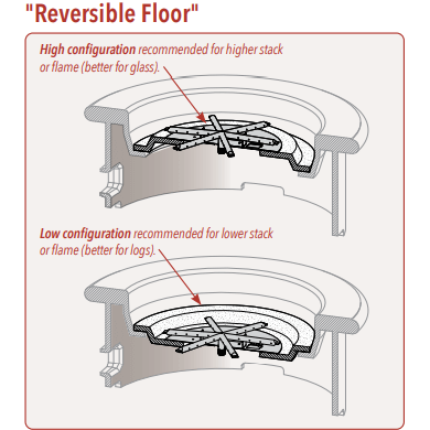 Diagram of a reversible fireplace floor with high and low configurations.