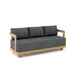 A modern Granada Deep Seating Sofa with a teak wood frame and gray cushions made of All-Weather Sunbrella Fabrics.
