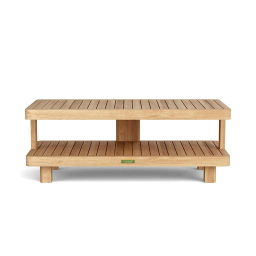 A rectangular teak wood coffee table with a lower shelf, featuring a modern design with a smooth, sanded finish.