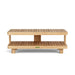 A rectangular teak wood coffee table with a lower shelf, featuring a modern design with a smooth, sanded finish.