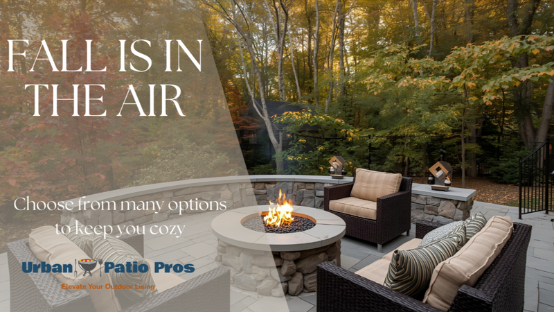 Outdoor patio setting with fire pit, chairs, and text overlay about fall season.