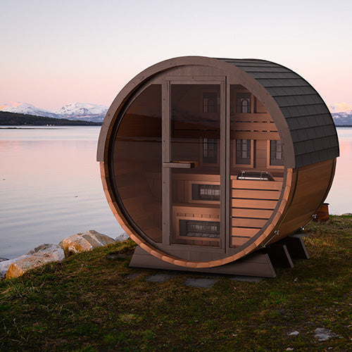 Finnmark FD-6 Canadian cedar barrel sauna lifestyle view
