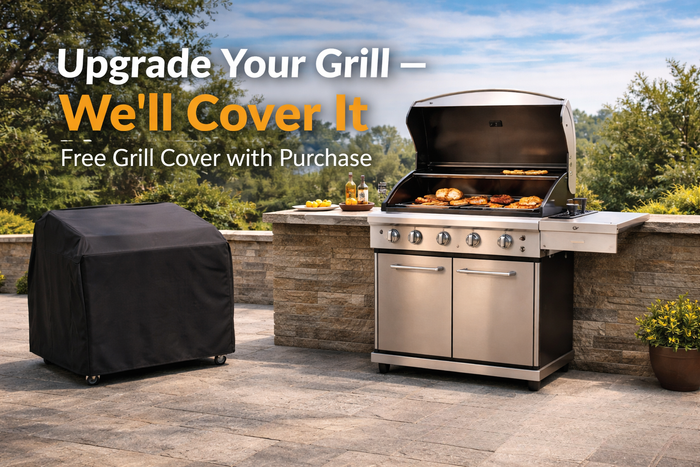 Stainless steel grill with black cover on patio, promotional text overlay.