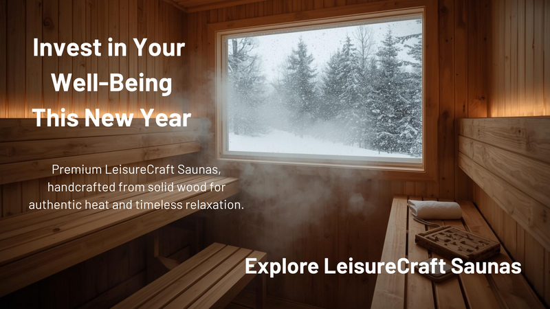 Wooden sauna with a view of snow-covered trees, promotional text for LeisureCraft Saunas.