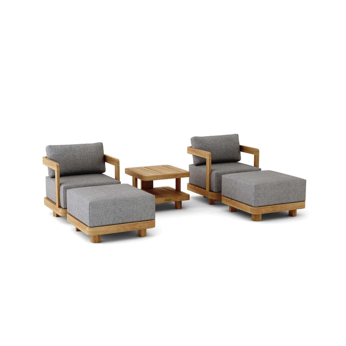 A 5-piece outdoor furniture set featuring two swivel armchairs with gray cushions, two matching ottomans, and a 2-tier square side table, all made of teak wood with a natural finish.