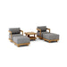 A 5-piece outdoor furniture set featuring two swivel armchairs with gray cushions, two matching ottomans, and a 2-tier square side table, all made of teak wood with a natural finish.