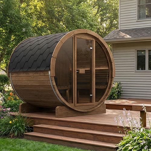 SaunaLife E7G Ergo Series Outdoor Barrel Sauna Kit with Glass Front