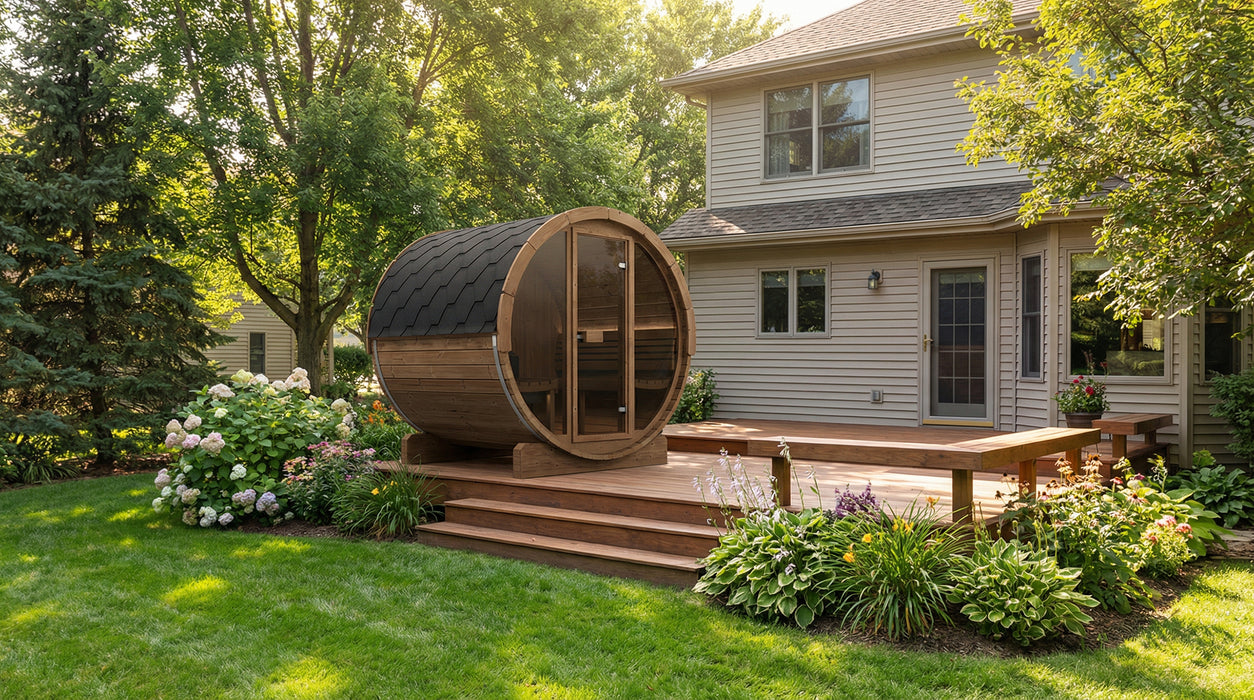 SaunaLife E7G Ergo Series Outdoor Barrel Sauna Kit with Glass Front