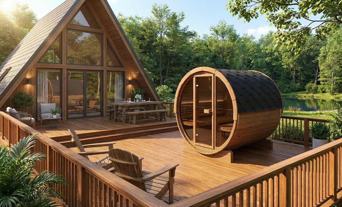 SaunaLife E8G Ergo Series Outdoor Barrel Sauna Kit with Glass Front