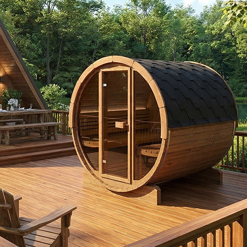SaunaLife E8G Ergo Series Outdoor Barrel Sauna Kit with Glass Front