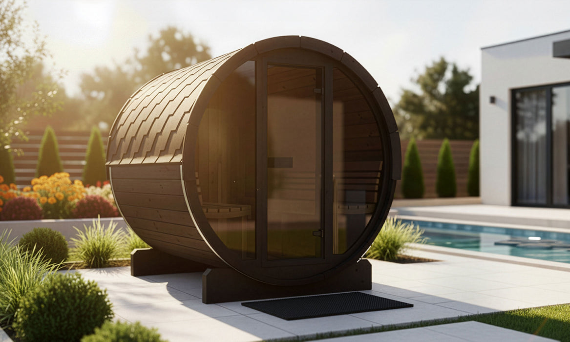 SaunaLife E8G Ergo Series Outdoor Barrel Sauna Kit with Glass Front