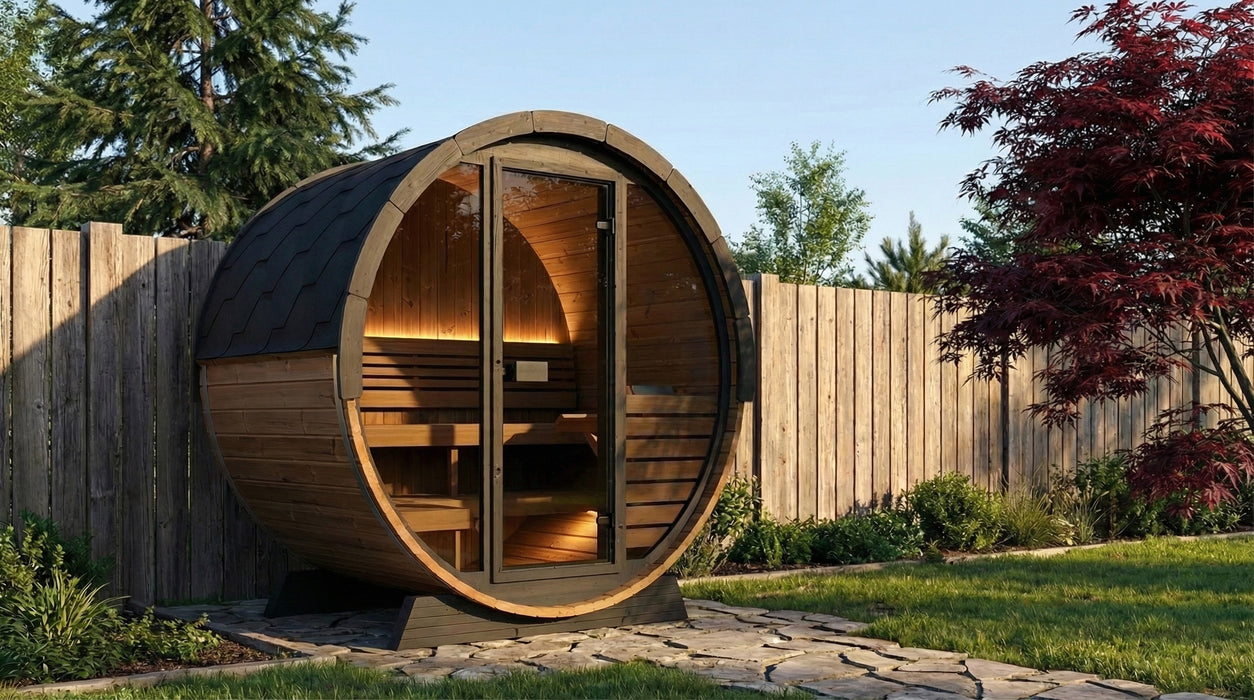 SaunaLife EE6G Ergo Elegance Outdoor Barrel Sauna Kit with Glass Front