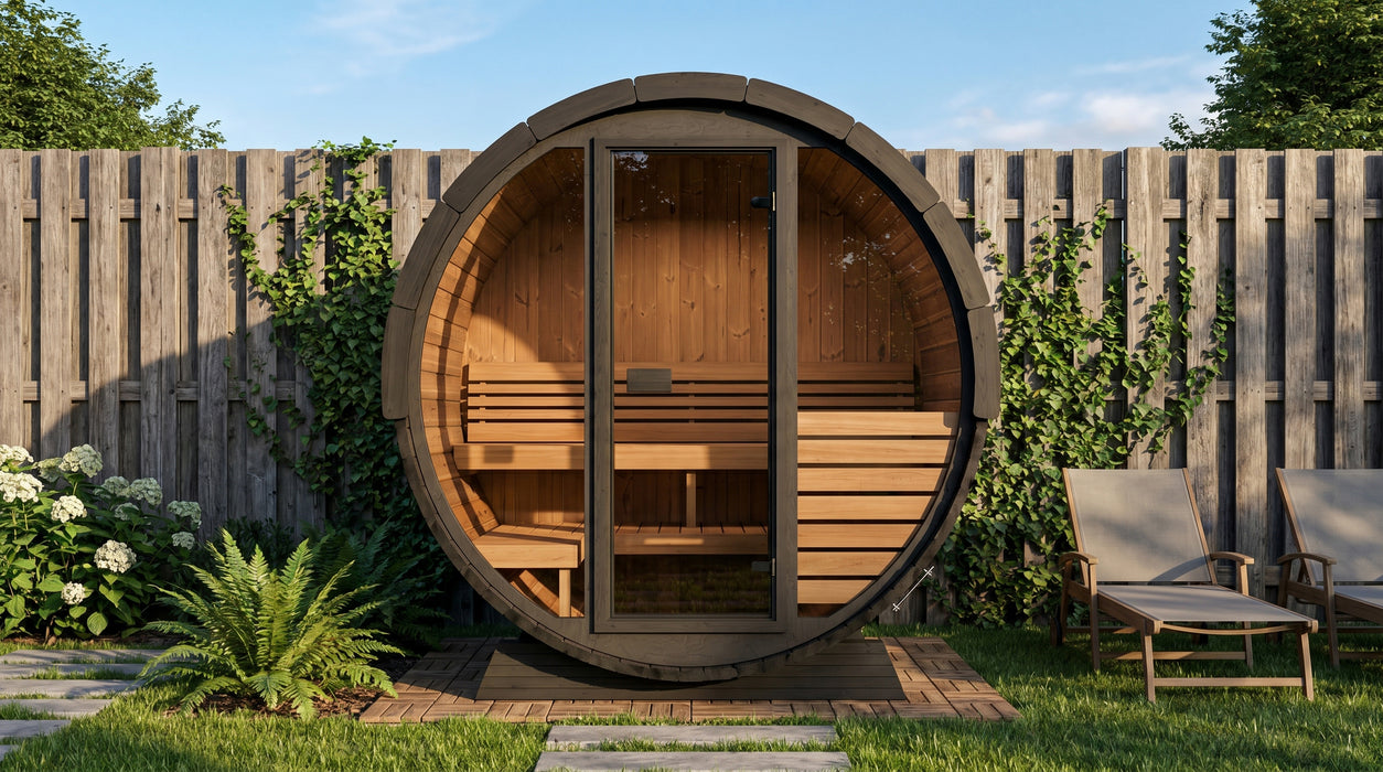 SaunaLife EE6G Ergo Elegance Outdoor Barrel Sauna Kit with Glass Front