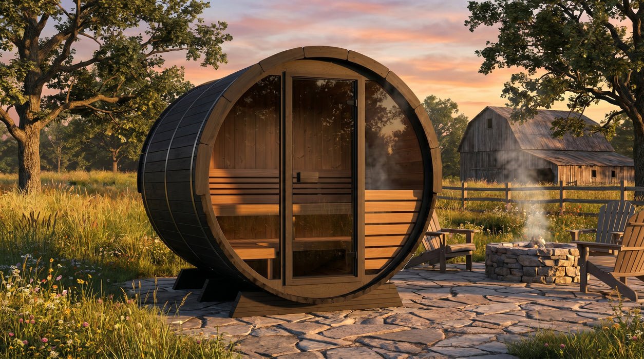 SaunaLife EE6G Ergo Elegance Outdoor Barrel Sauna Kit with Glass Front