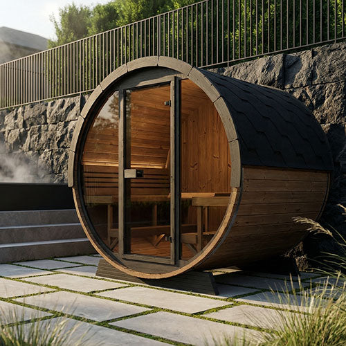 SaunaLife EE8G Ergo Elegance Outdoor Barrel Sauna Kit with Glass Front