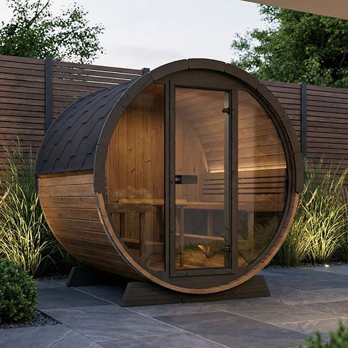SaunaLife EE8G Ergo Elegance Outdoor Barrel Sauna Kit with Glass Front