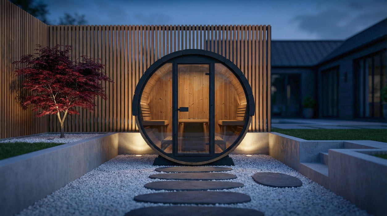 SaunaLife EE8G Ergo Elegance Outdoor Barrel Sauna Kit with Glass Front