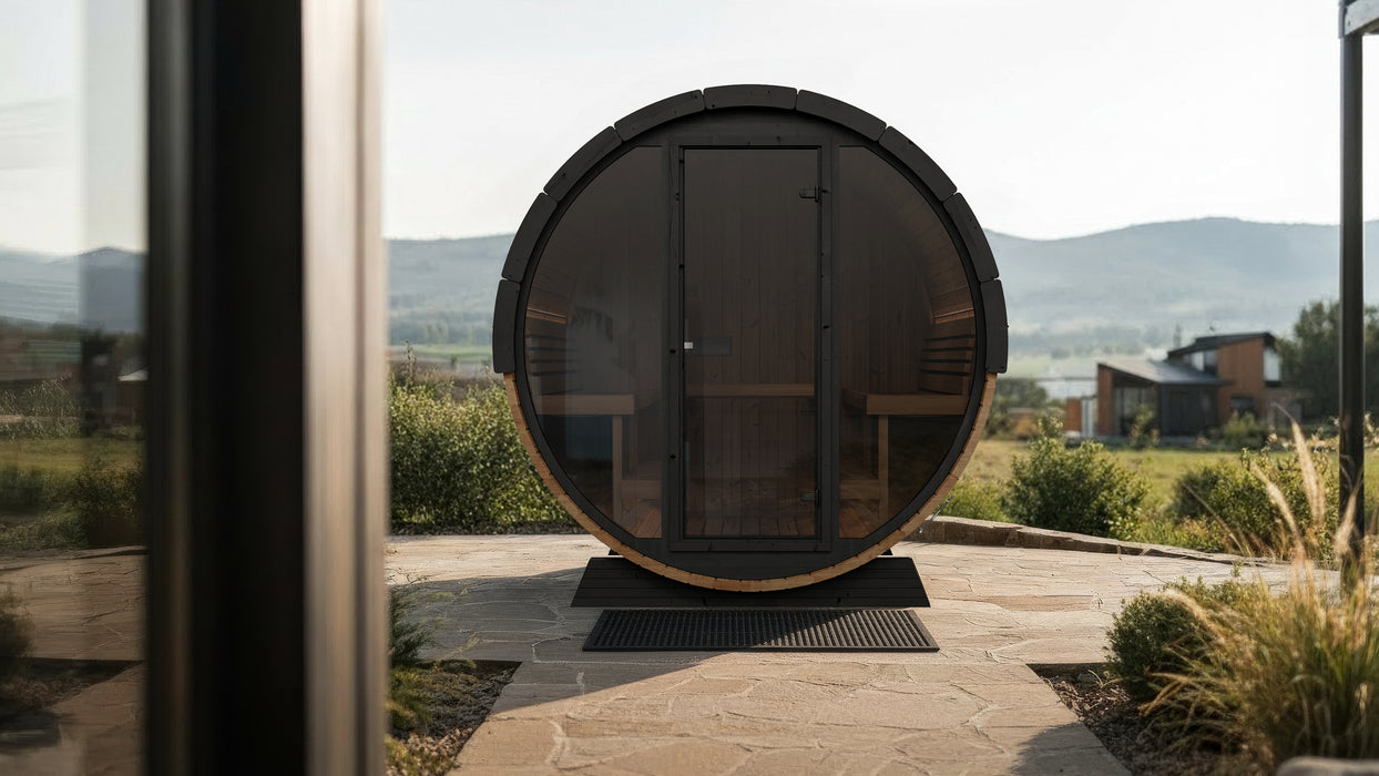 SaunaLife EE8G Ergo Elegance Outdoor Barrel Sauna Kit with Glass Front
