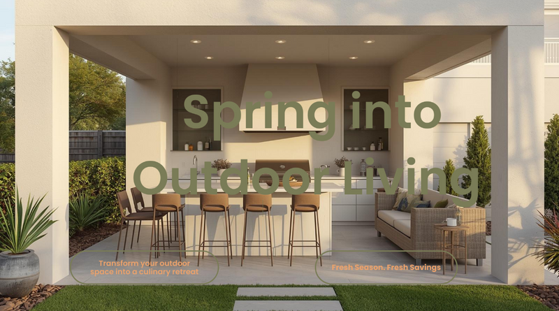Modern outdoor living space with furniture and text overlay 'Spring into Outdoor Living'.