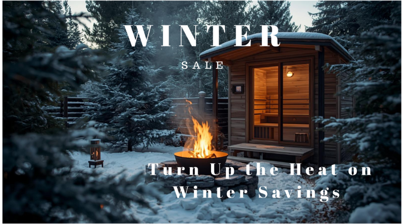 Wooden cabin in a snowy forest with a fire pit, labeled 'Winter Sale' and 'Turn Up the Heat on Winter Savings'.