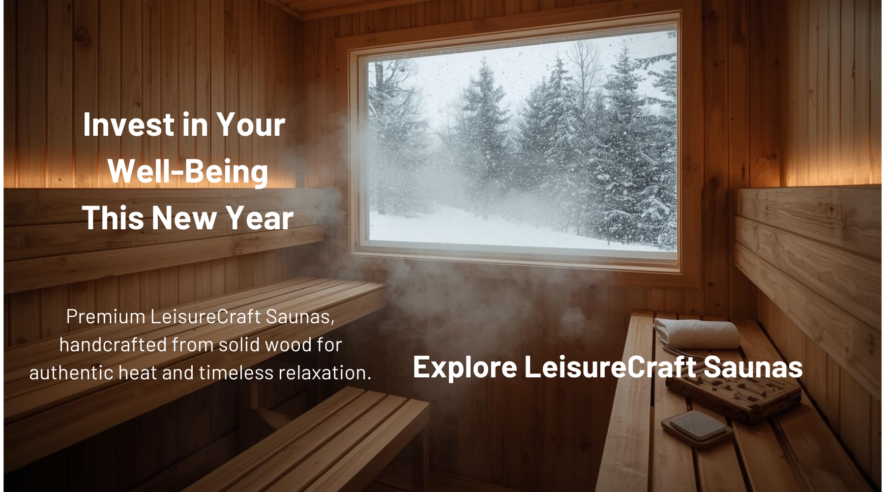 Wooden sauna with a view of trees, promotional text for LeisureCraft Saunas.